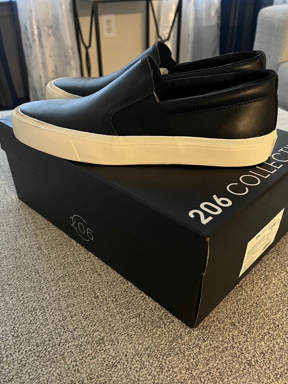 206 Collective Men’s Black Leather Slip-On Sneakers with White Soles | Size: 7